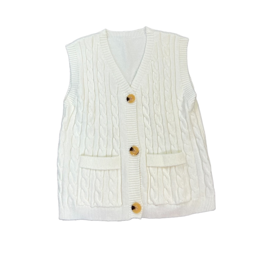Women's Cable Knit Button Sweater Vest M/L Cream Pockets Academia Academiacore